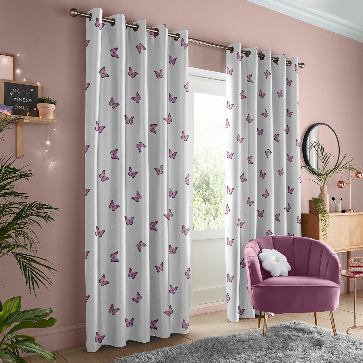 Product photograph of Skinny Dip Butterfly Pink Curtain from Choice Furniture Superstore.